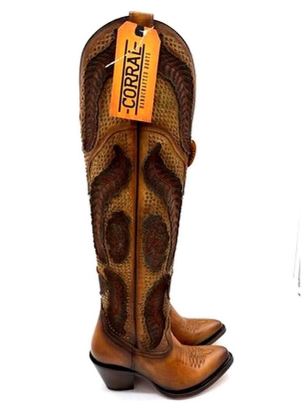 New! Corral Tan and Dark Brown Leather Over the Knee High Western Boots